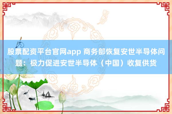股票配资平台官网app 商务部恢复安世半导体问题：极力促进安世半导体（中国）收复供货